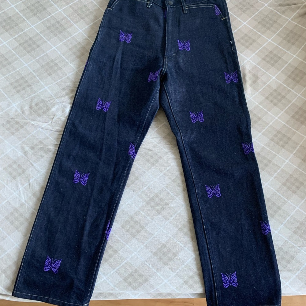 Dark Blue Jeans with Purple Butterfly Embroidery